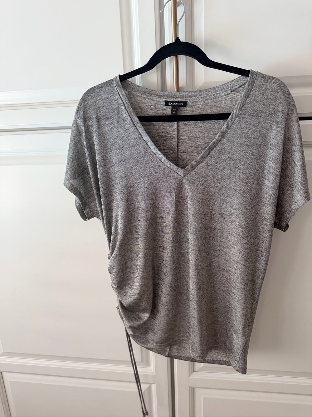 Express Gray V-Neck Short Sleeve Tee with Side Drawstring